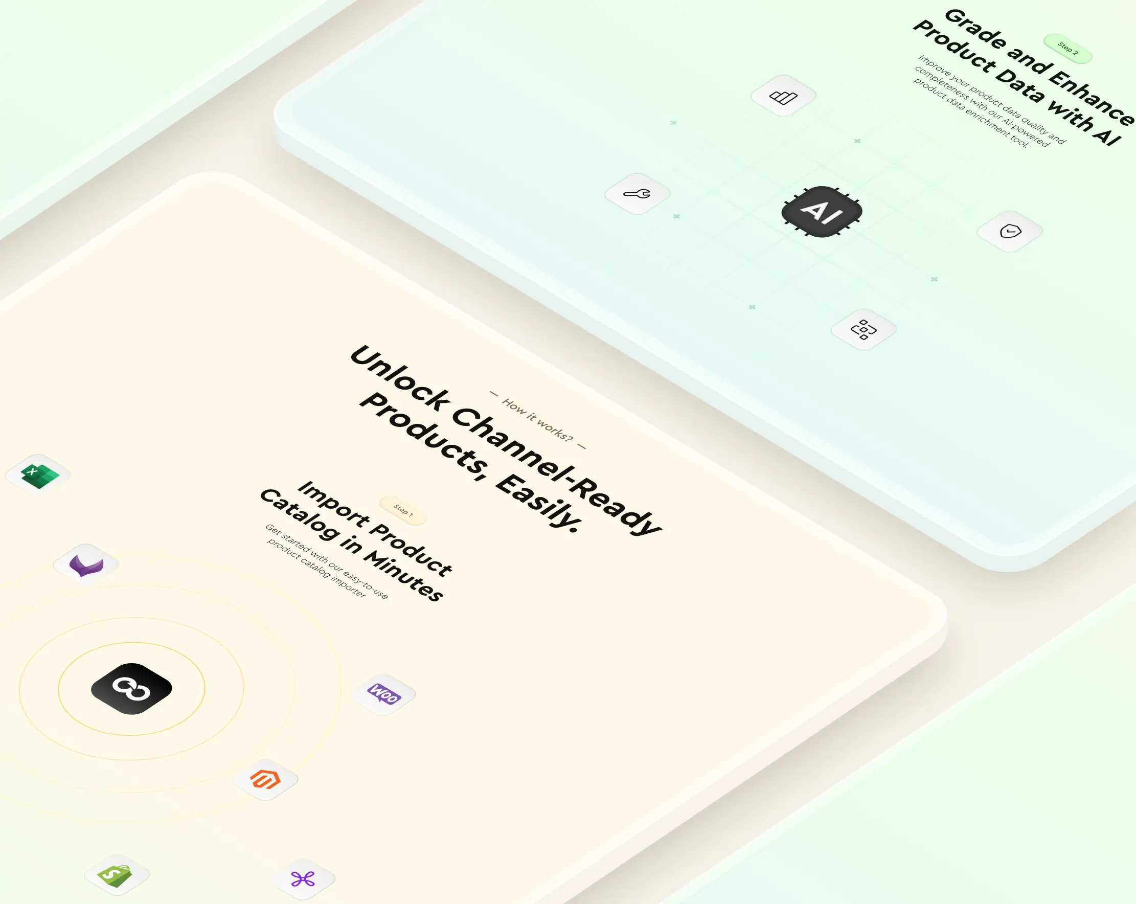 Four screens display various product types, showcasing a range of items for potential customers