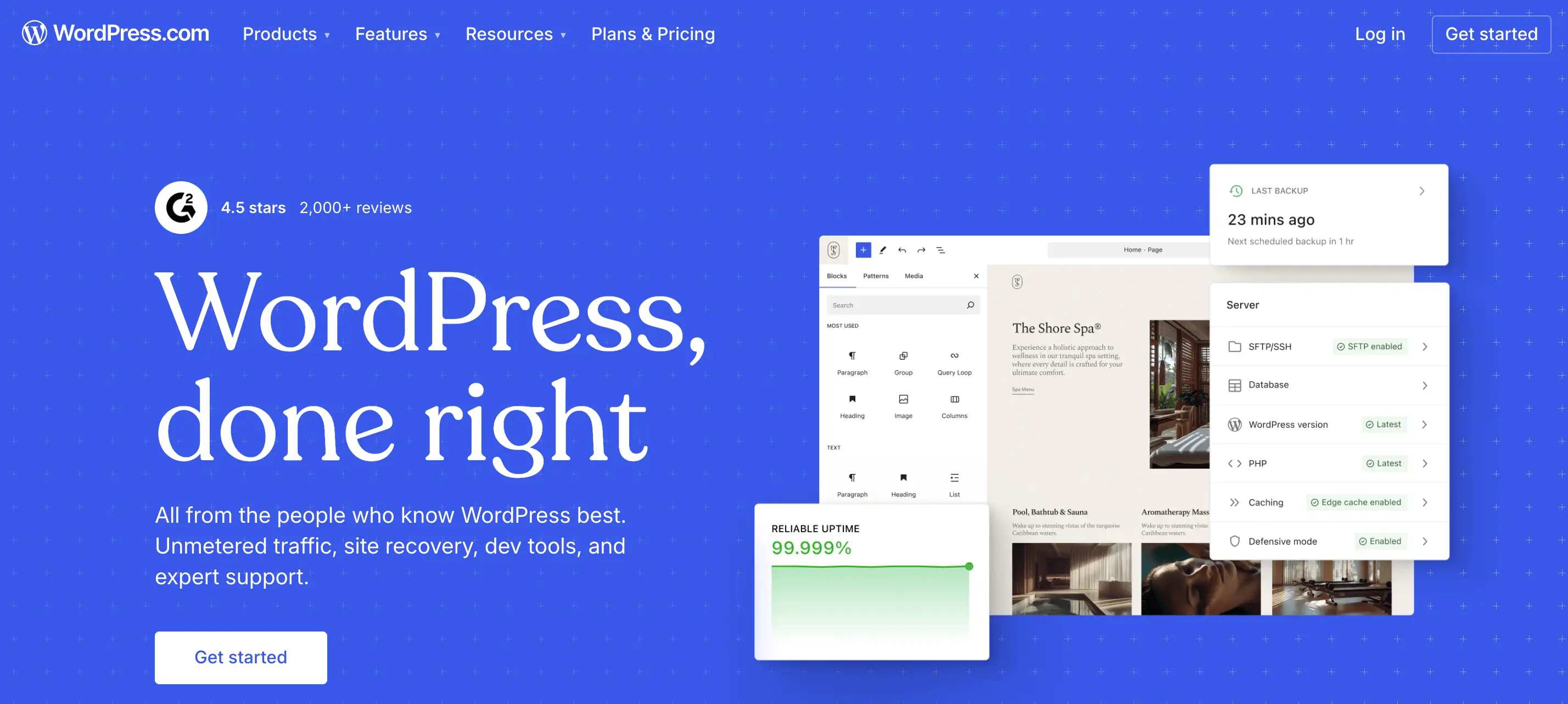 WordPress homepage showcasing CMS features, site management tools - alternative to Webflow