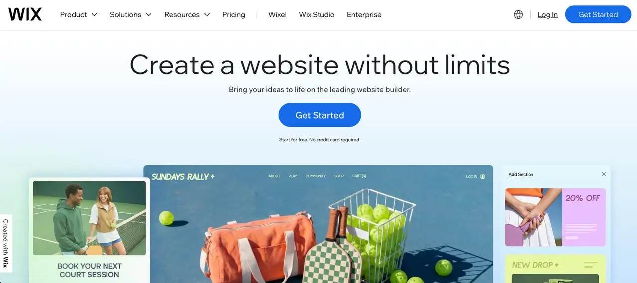 Wix website builder homepage with drag-and-drop editor and customizable website layout - free alternative to Webflow