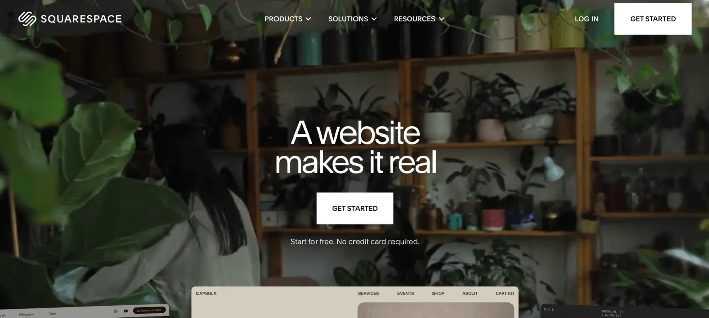 Squarespace homepage showing website templates and visual website builder interface