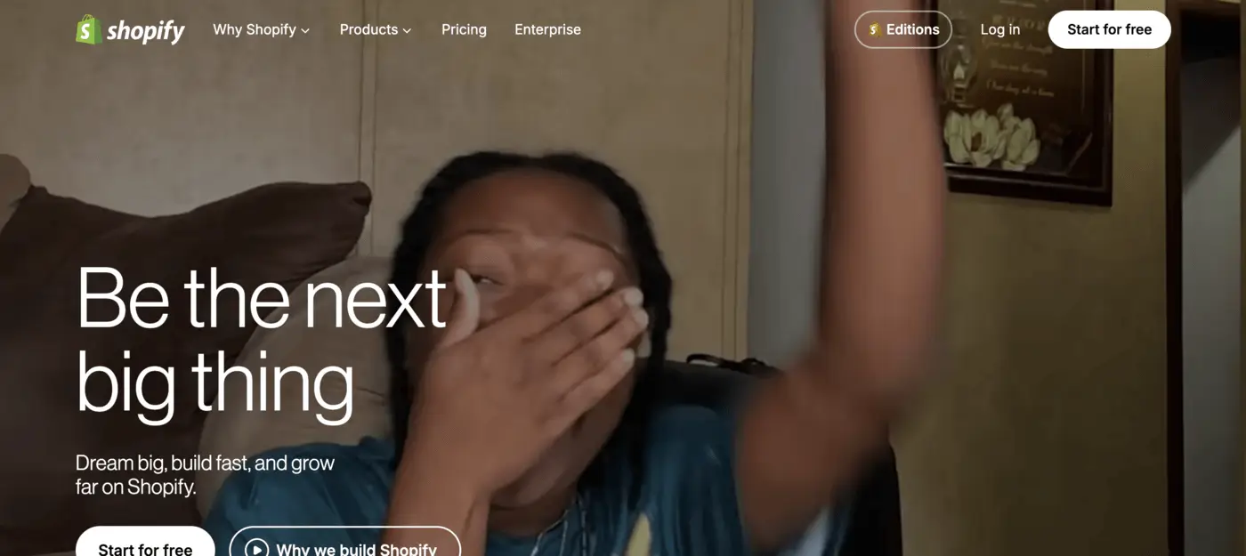 Shopify homepage promoting ecommerce platform for building and scaling online stores