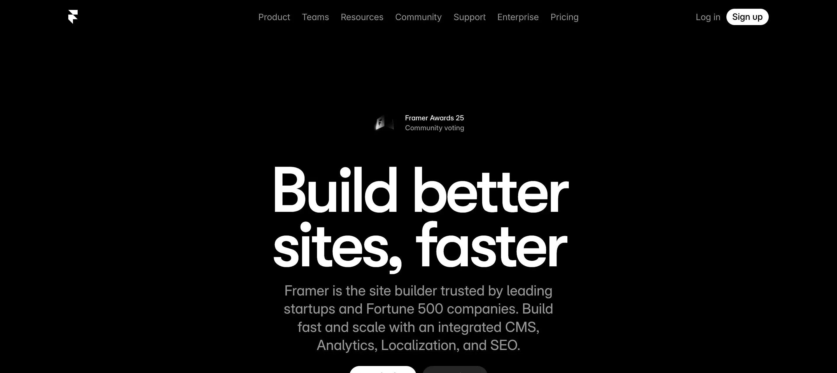 Framer homepage highlighting website building tools, integrated CMS, analytics, localization, and SEO features