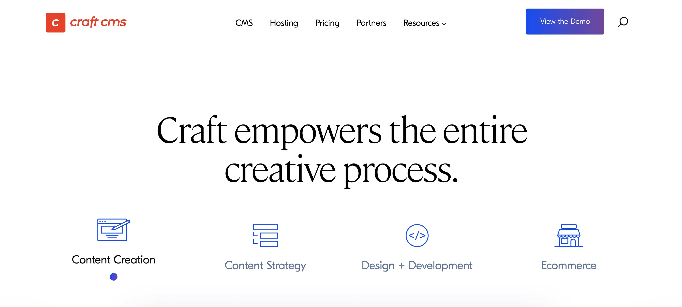 Craft CMS homepage showing content creation, content strategy, design and development, and ecommerce capabilities
