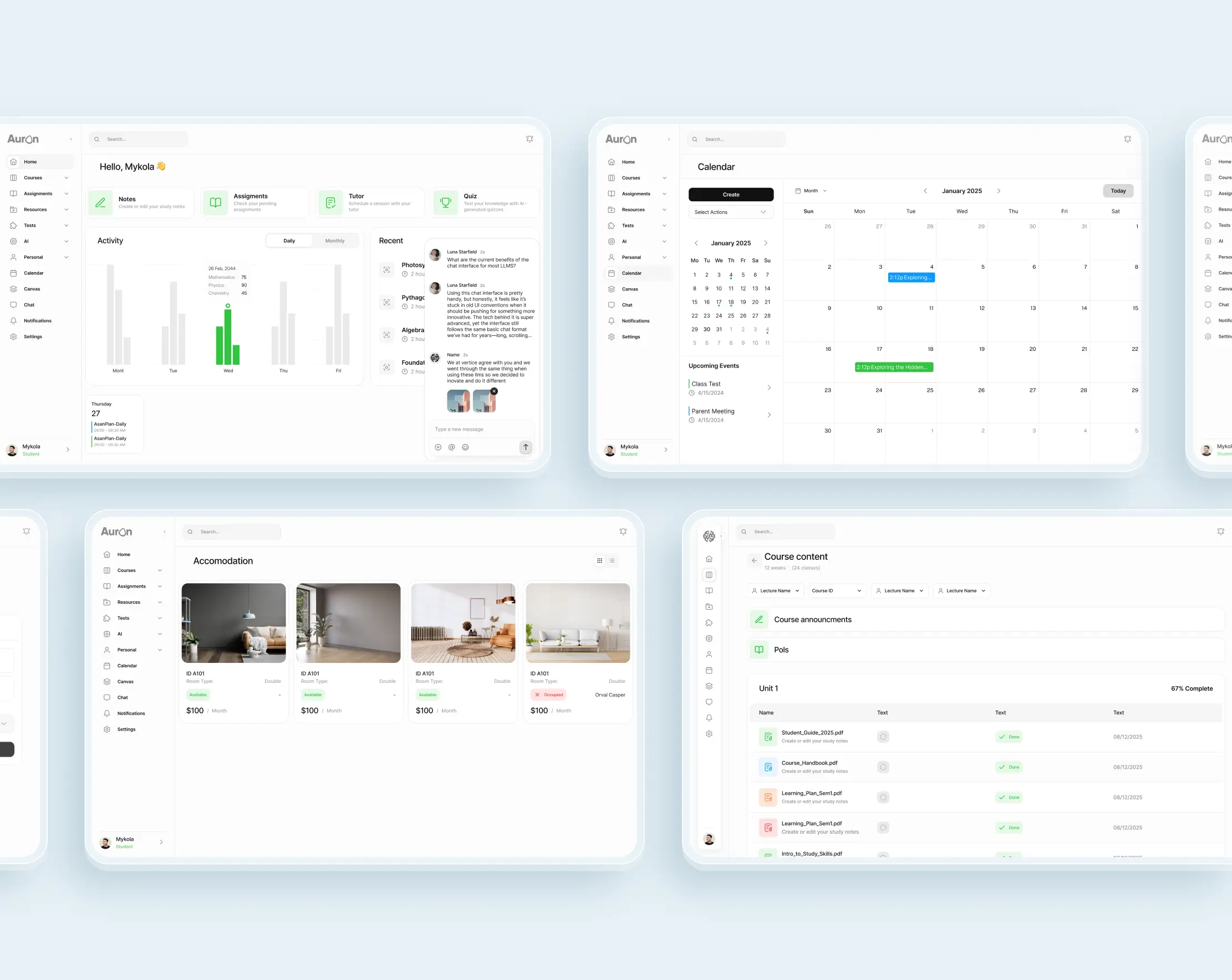 AURON web design project showcasing various app screens in a grid layout, highlighting different app types and features