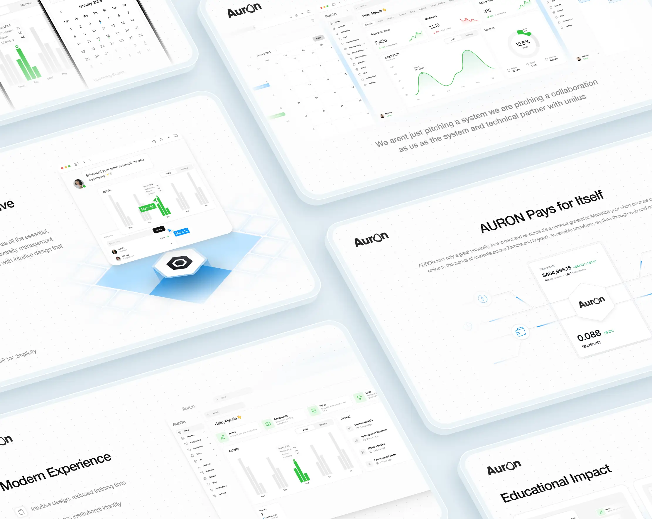 A collection of screens displaying various app designs for the AURON web design project