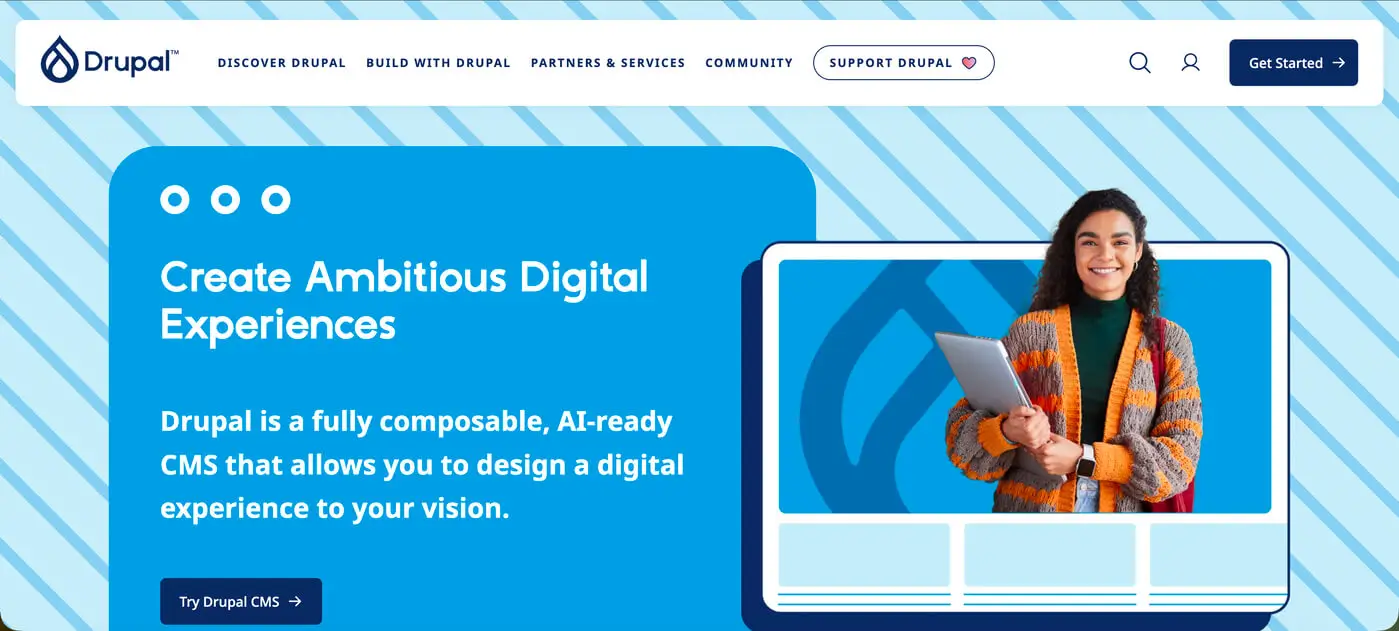 Drupal CMS homepage interface used in Drupal vs WordPress comparison