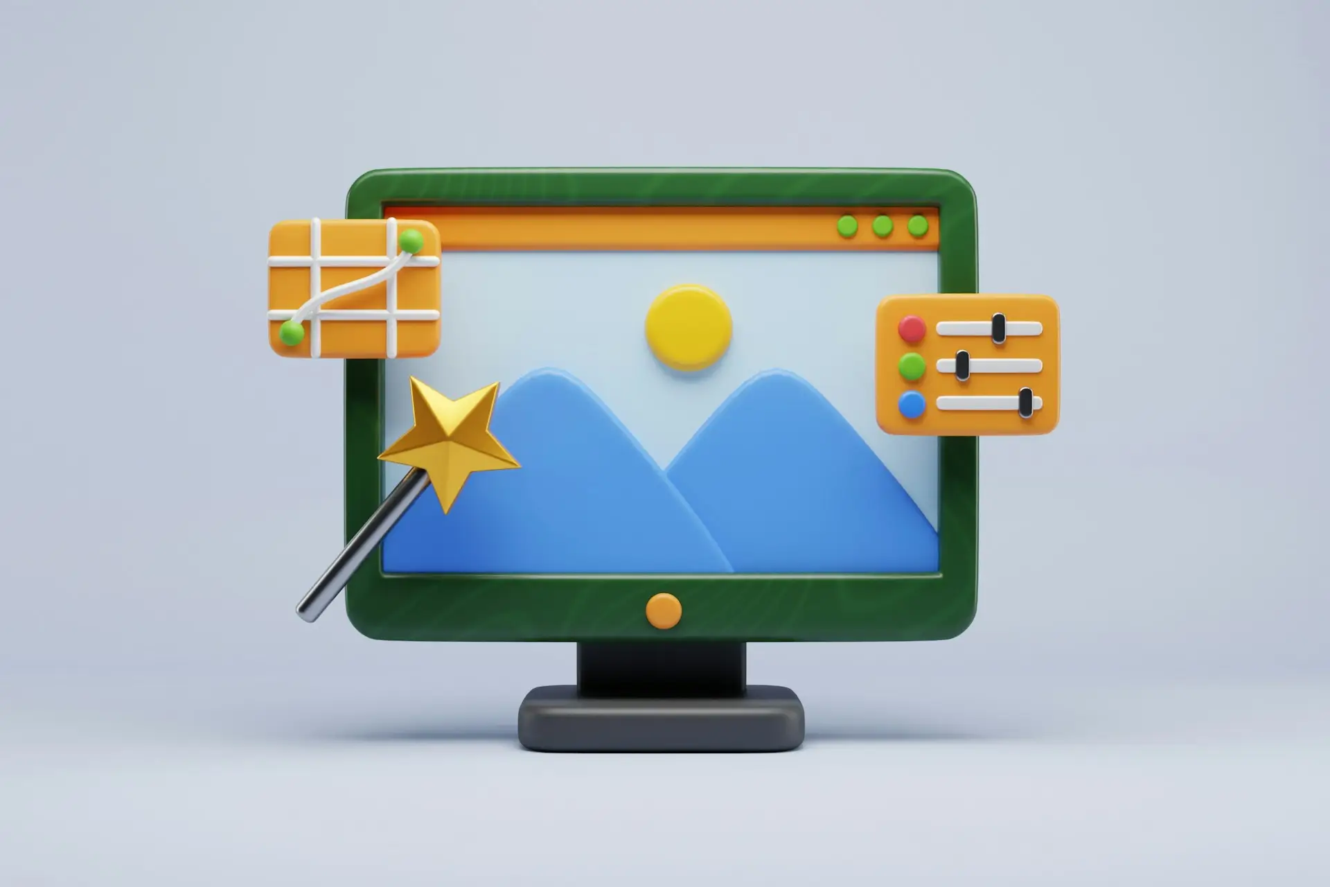 3D illustration of a computer screen with design tools representing a brand refresh