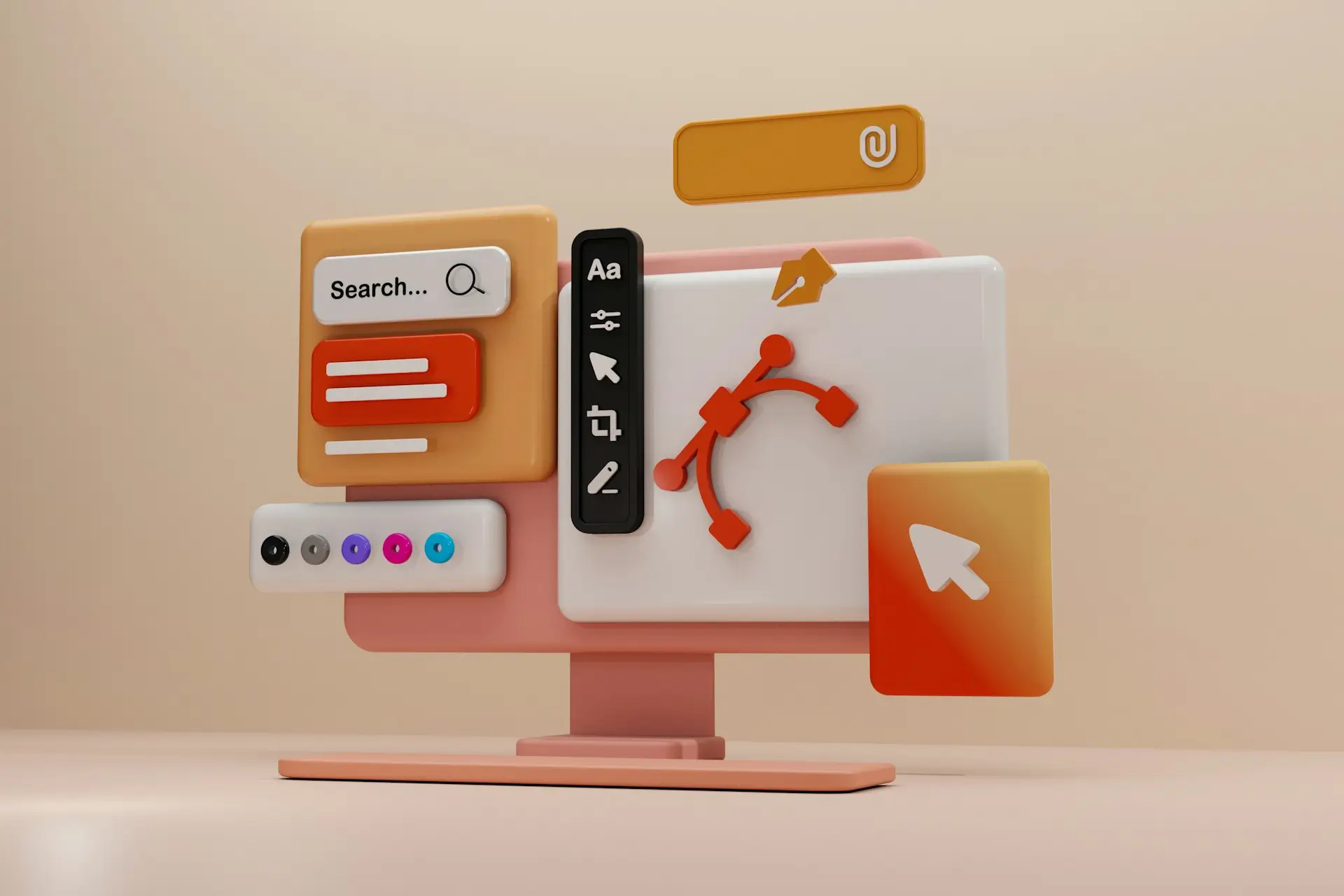 3D UI design dashboard with editing tools symbolizing a brand refresh process.