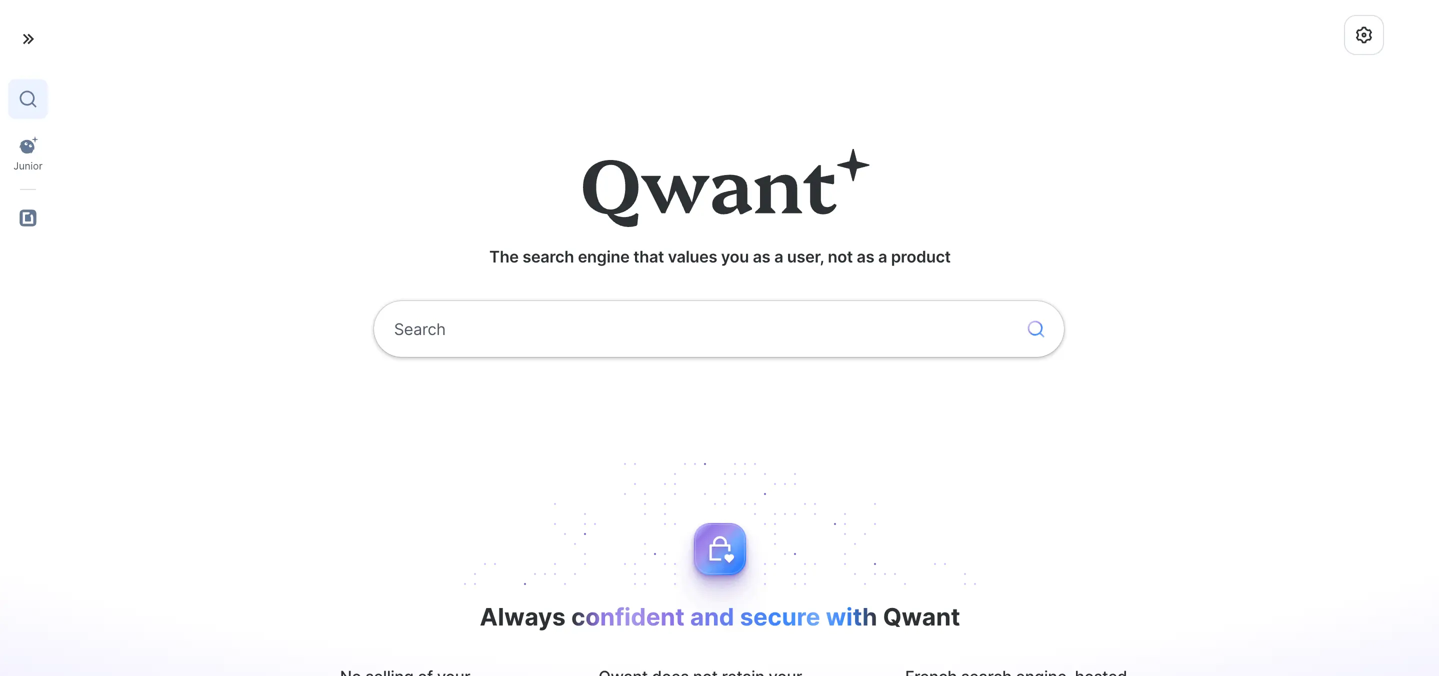 Qwant search engine homepage with privacy-focused messaging and search field