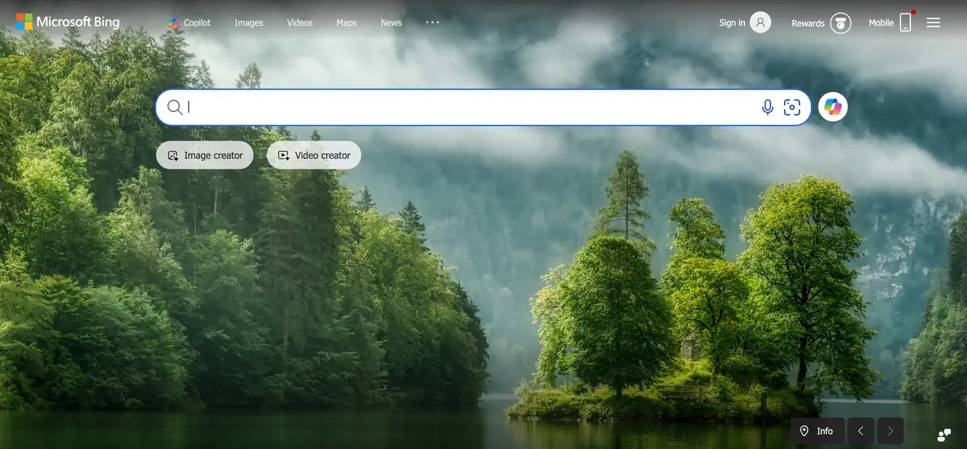 Microsoft Bing homepage with search bar and nature background image
