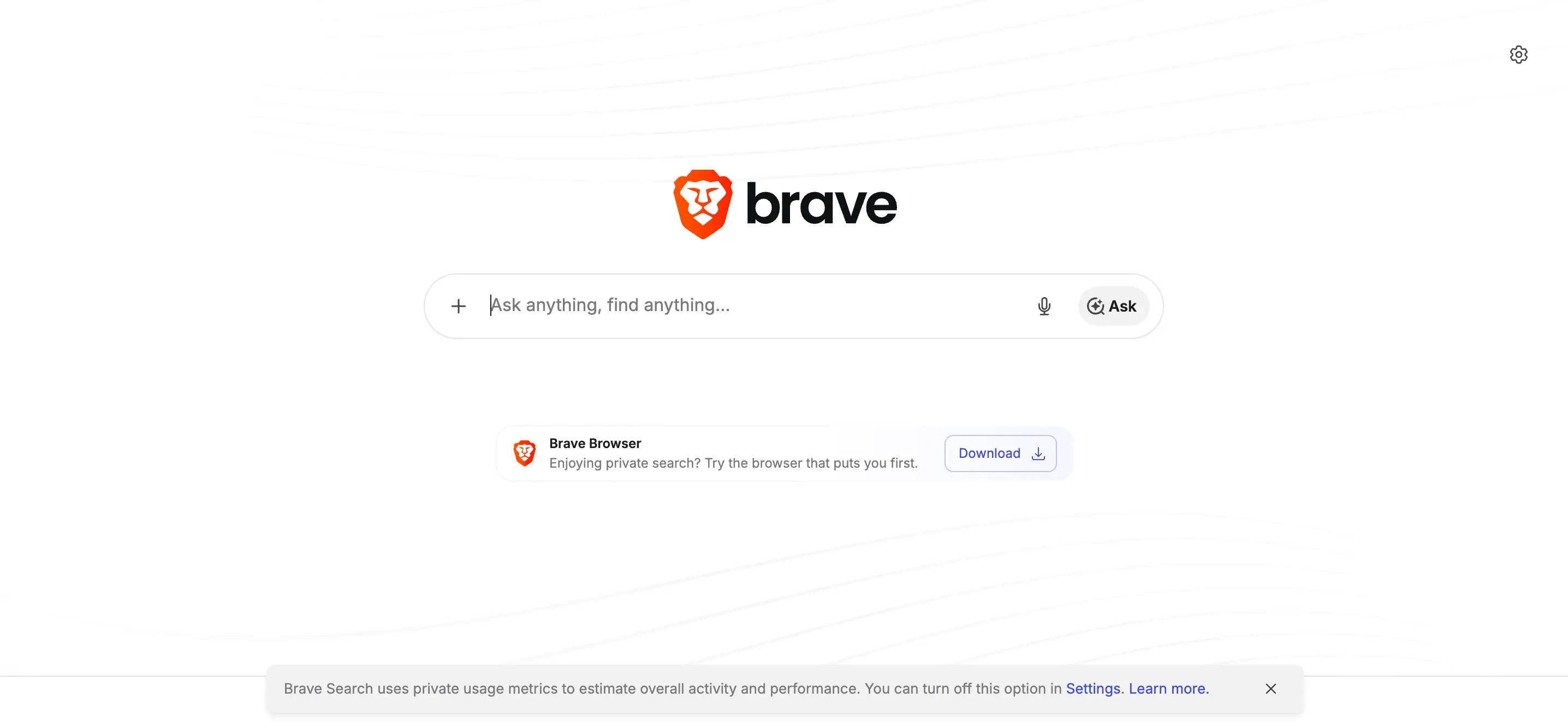 Brave Search homepage interface with search bar and minimal design