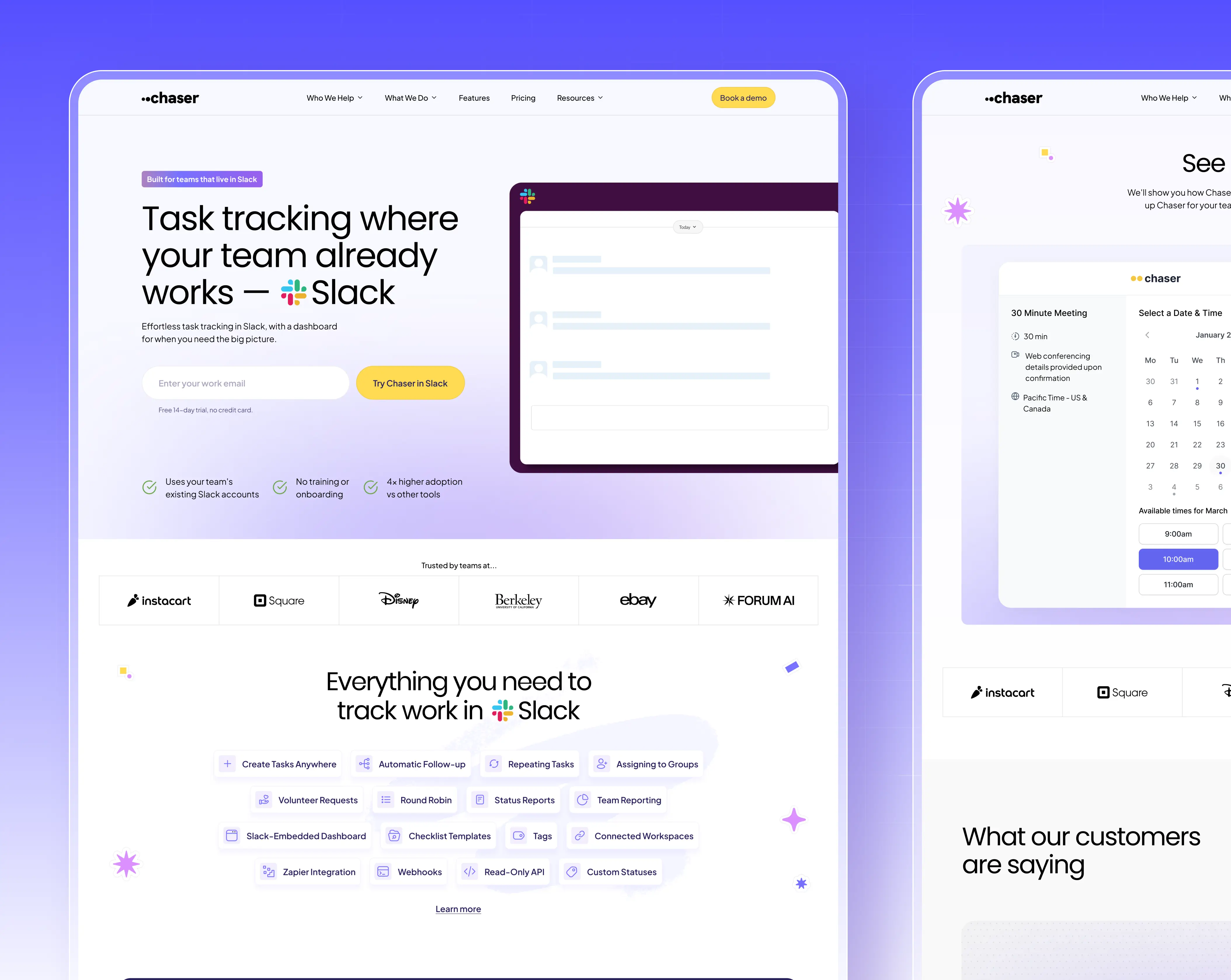 Landing page of the Chaser chat app, featuring user interface elements and options for messaging and settings