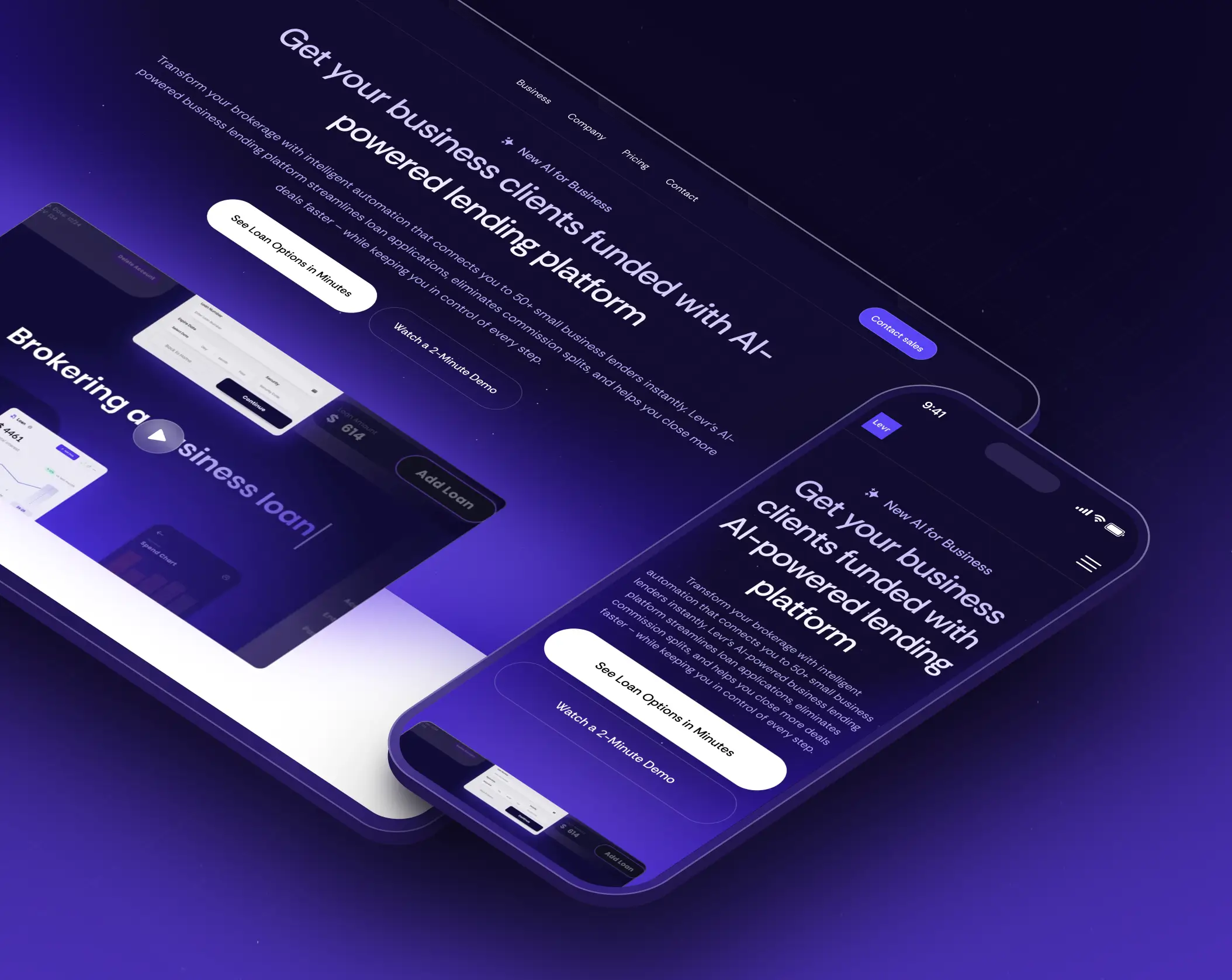 Website design mockup for the LevR AI mobile app, showcasing user interface and features on a smartphone screen.
