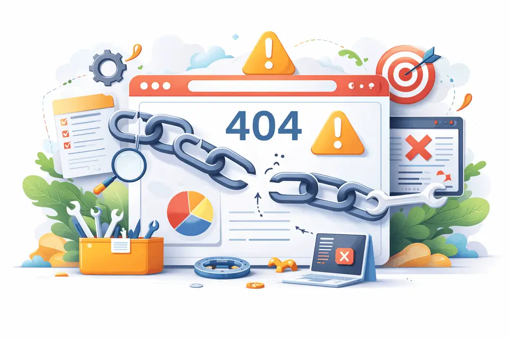 Broken links concept illustration with website error page and disconnected link elements.