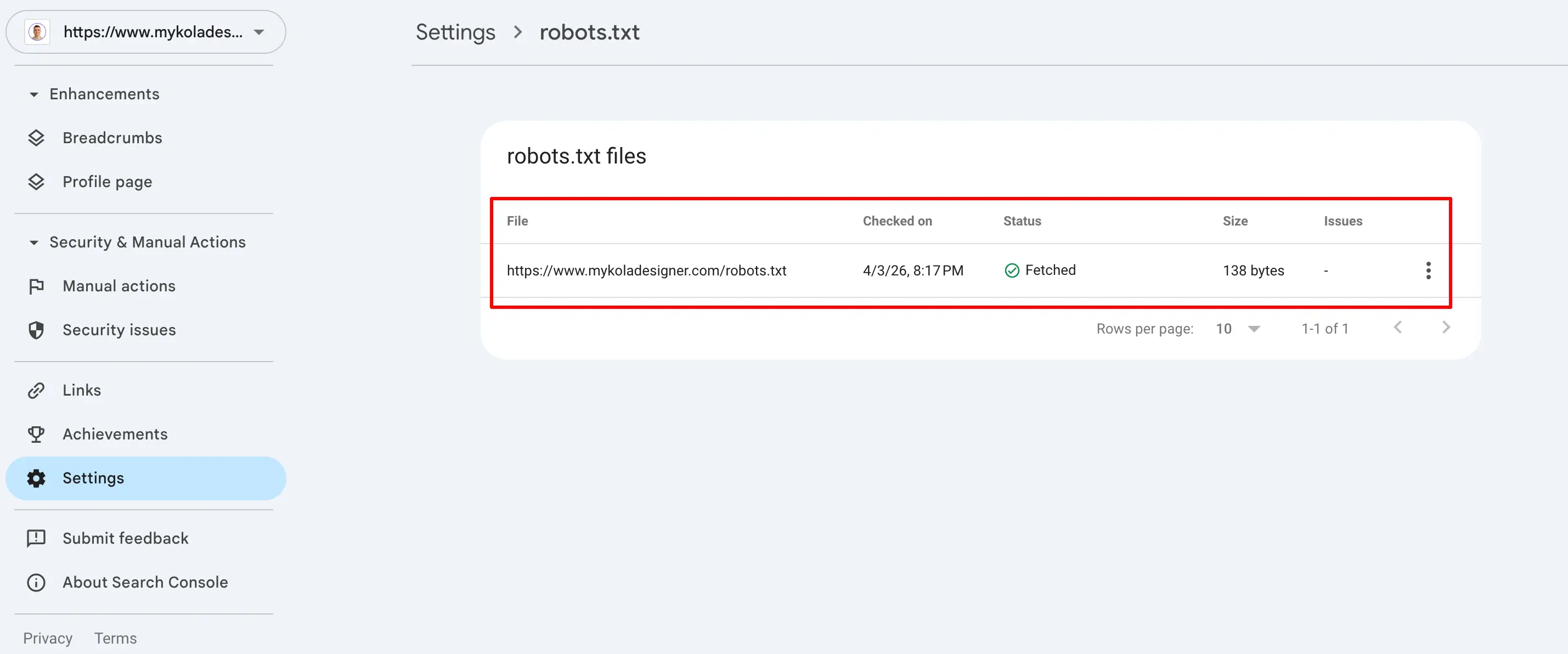 robots.txt test in Google Search Console showing file status and successful fetch.