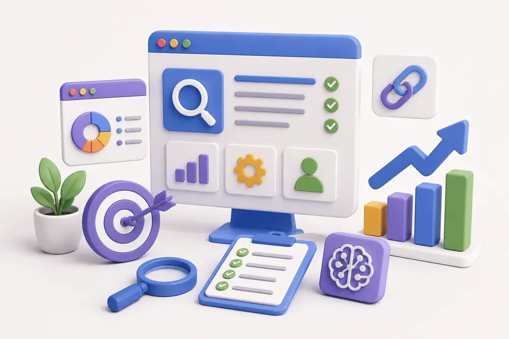 3D illustration of SEO and GEO optimization concepts featuring analytics dashboards, search icons, growth charts, checklist elements, backlinks, and AI symbols