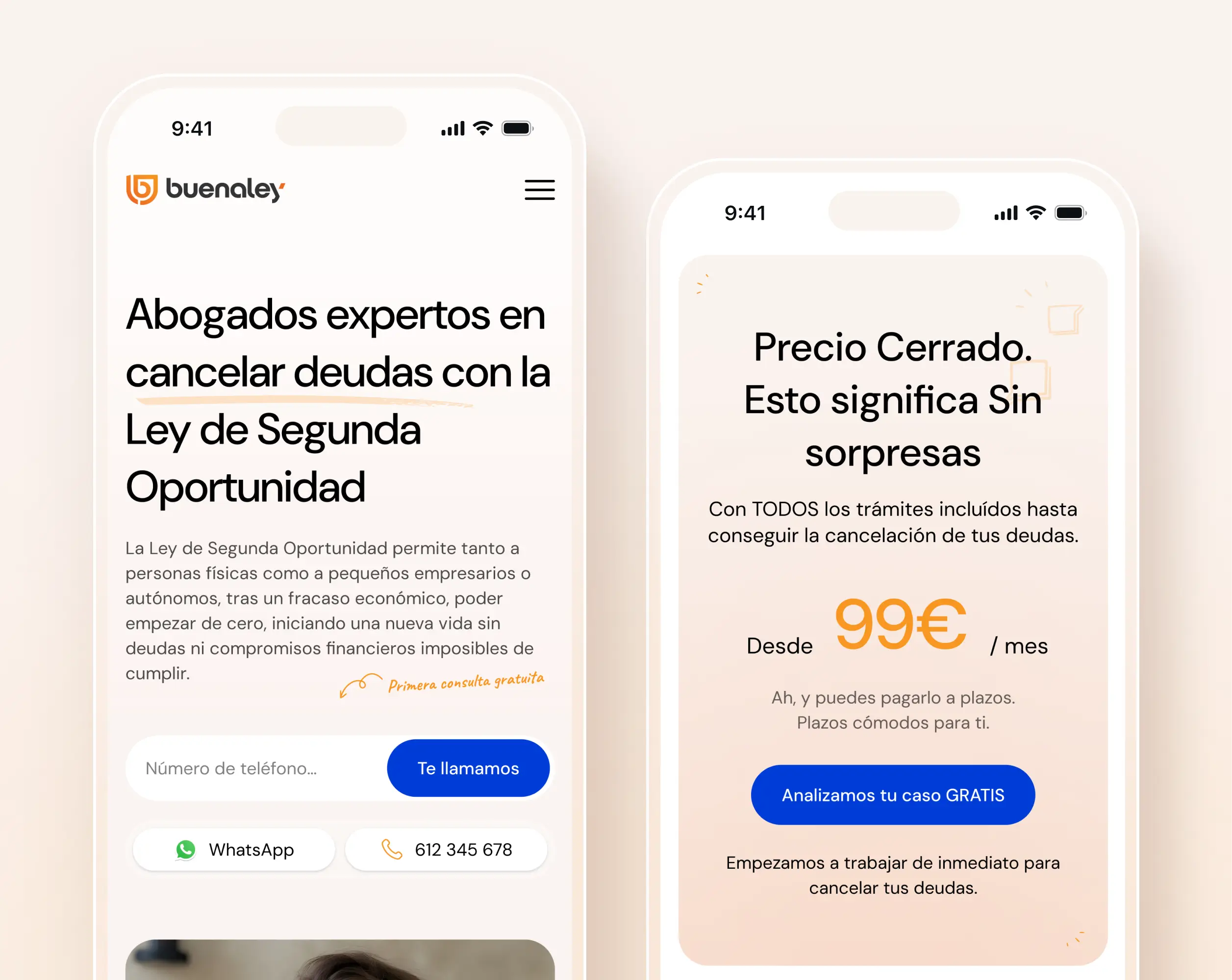 Two mobile phones side by side, each displaying the website for Buenaley, buenaley.es