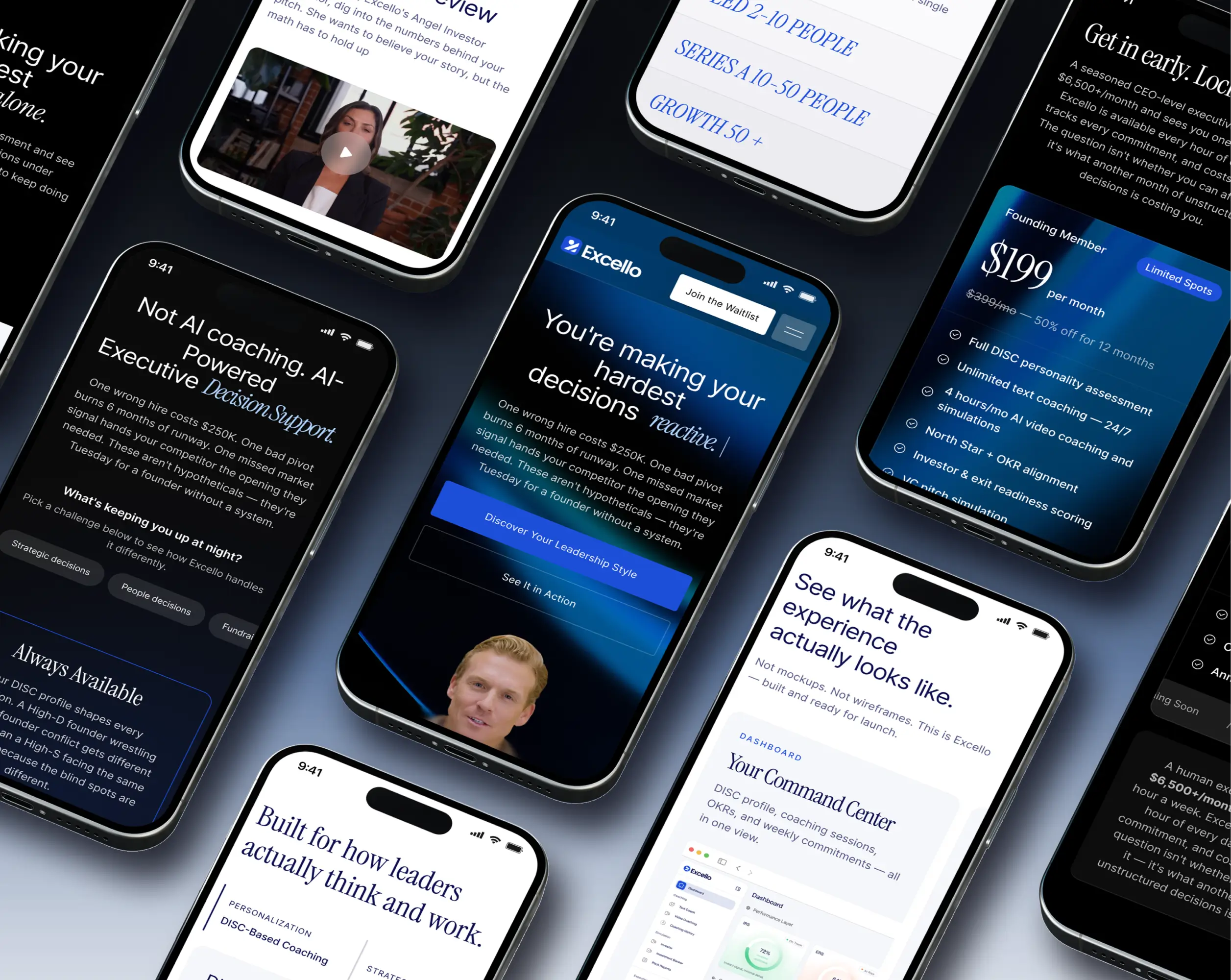 Several mobile devices displaying various screens with different information from www.excello