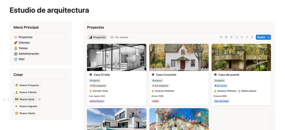 Espacio de trabajo Notion para estudios de arquitectura