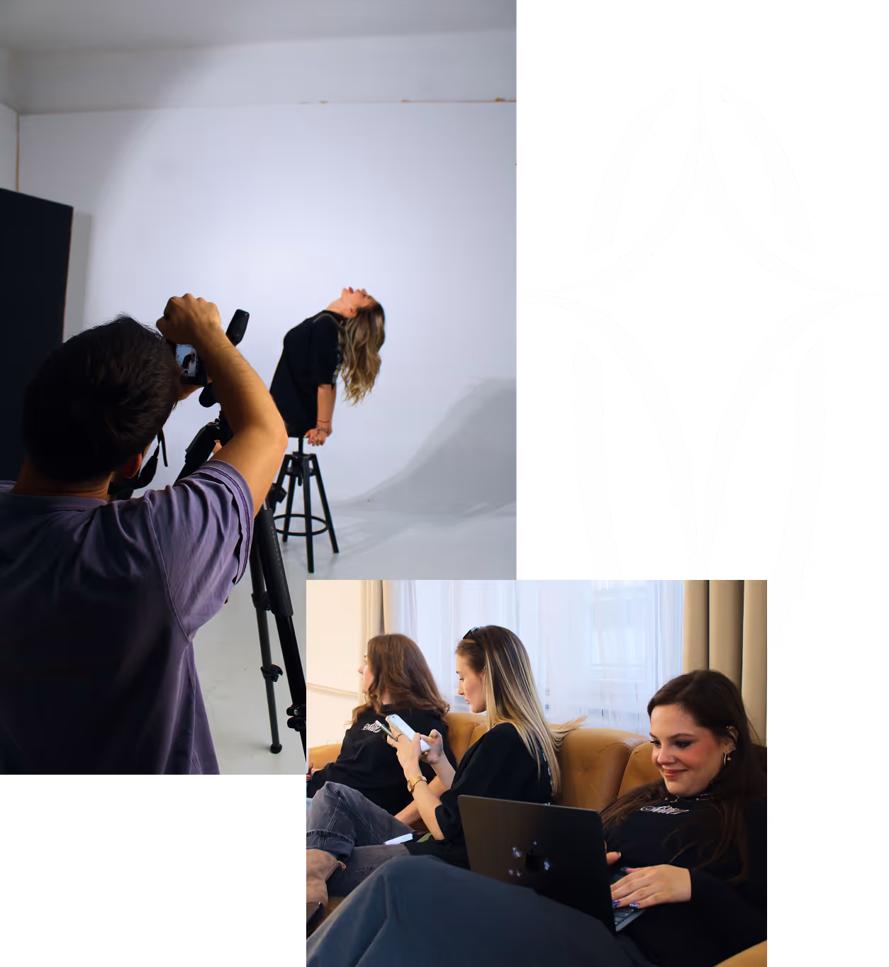 Photographer capturing a woman on a stool with two women on a couch using phone and laptop nearby.