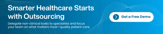 Banner with blue background: “Smarter Healthcare Starts with Outsourcing” and a button that says “Get a Free Demo.”