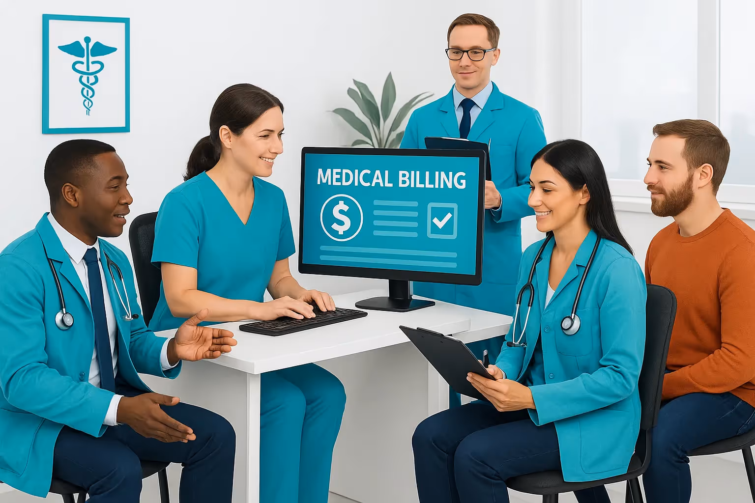 Medical team discussing billing around a computer displaying 'Medical Billing' screen.