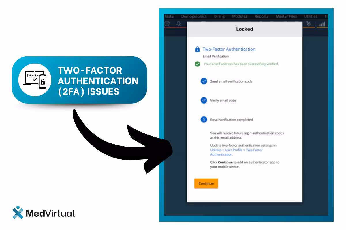 AdvancedMD screen showing two-factor authentication setup steps. Label highlights 2FA issues. MedVirtual logo.