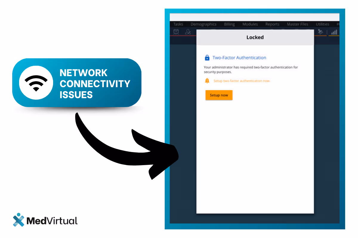 AdvancedMD screen with two-factor authentication prompt. Label indicates network connectivity issues. MedVirtual logo.