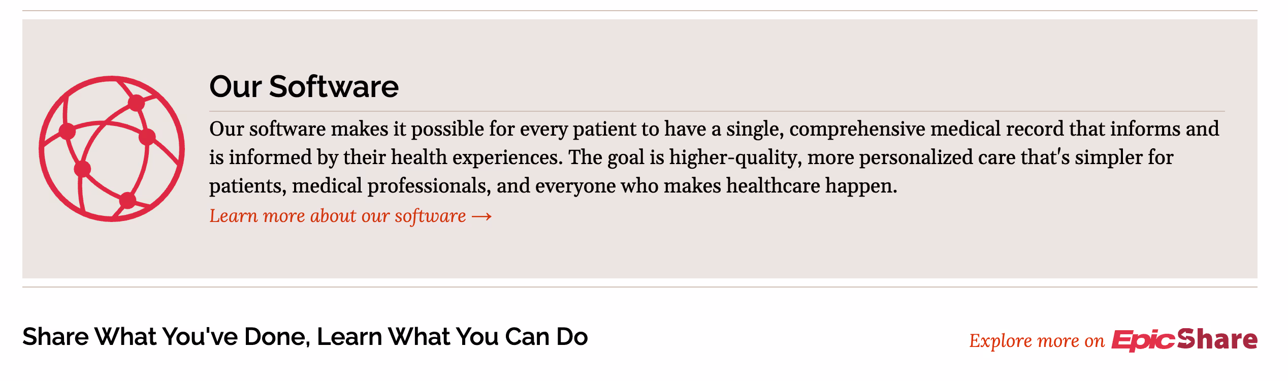 EpicShare software description highlighting a unified medical record for better, personalized care. Link: Learn more about our software.