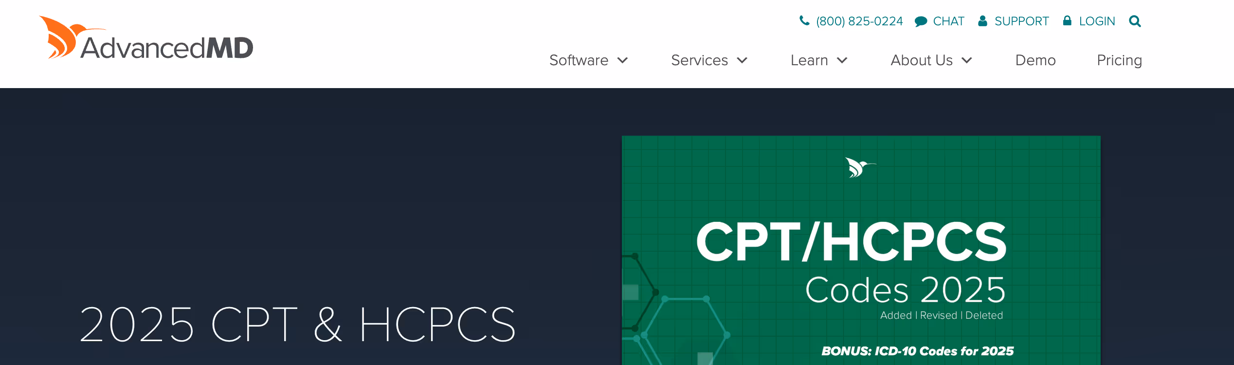AdvancedMD website featuring 2025 CPT/HCPCS codes update with ICD-10 bonus. Navigation menu at top.