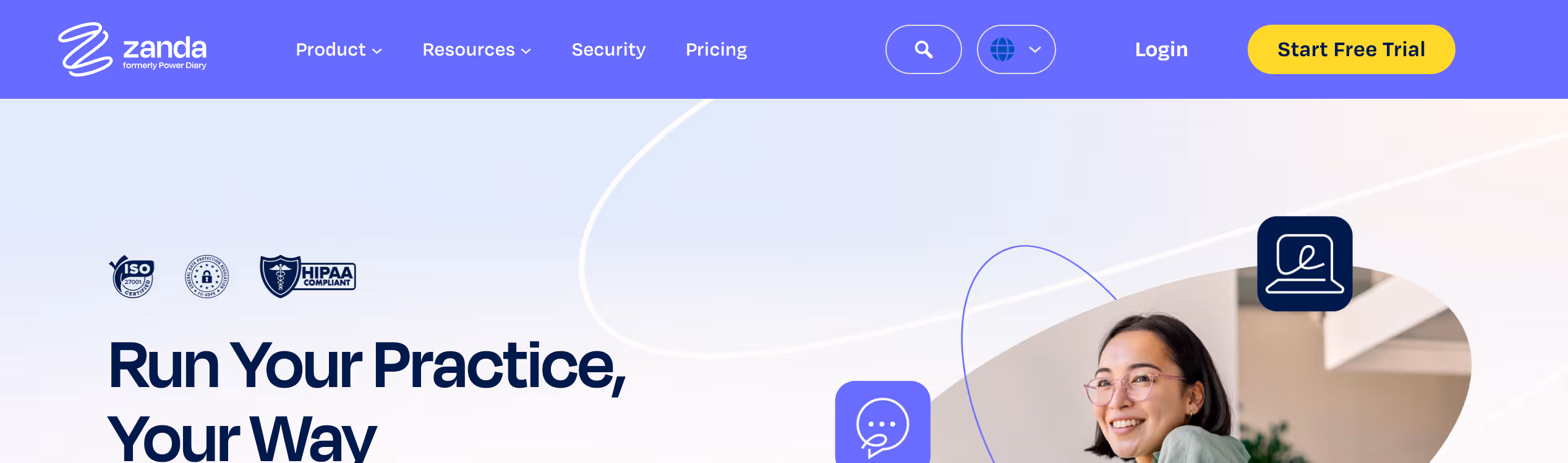 Zanda homepage with tagline 'Run Your Practice, Your Way', ISO and HIPAA compliance badges, and start free trial button.