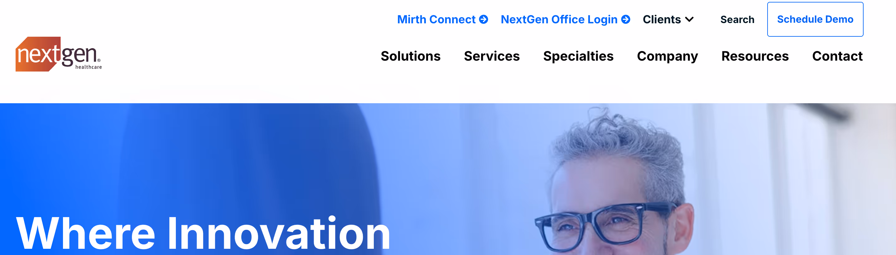 NextGen Healthcare homepage with navigation menu and person smiling. Tagline: Where Innovation..