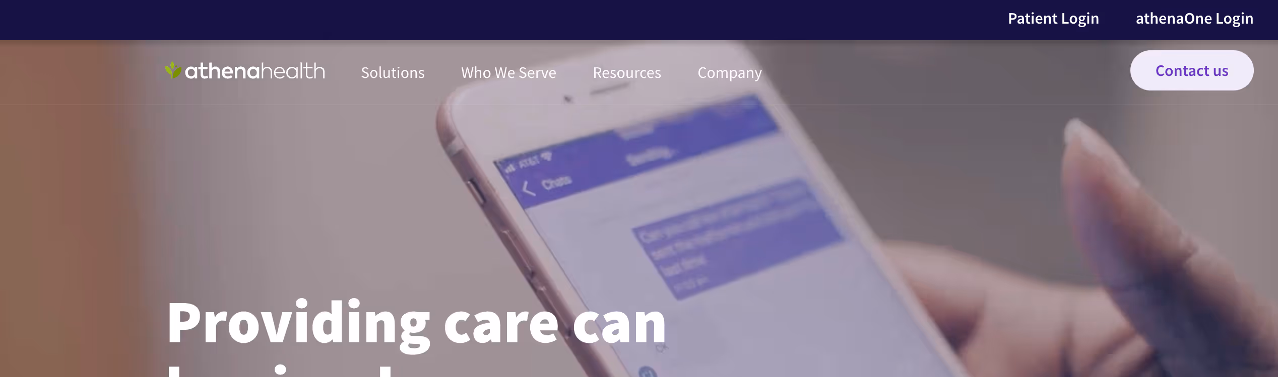 Athenahealth homepage showing mobile chat interface with navigation links and contact button.