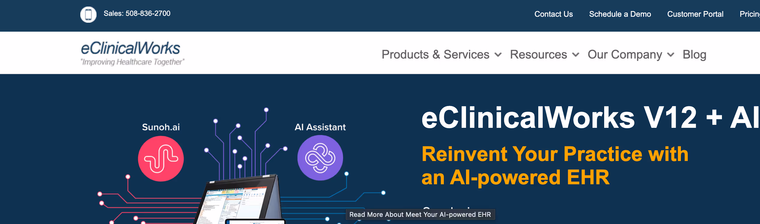 eClinicalWorks V12 with AI tools Sunoh.ai and AI Assistant. Tagline: Reinvent Your Practice with an AI-powered EHR.