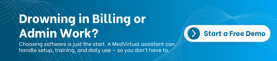 MedVirtual banner offering billing and admin support with a 'Start a Free Demo' button.