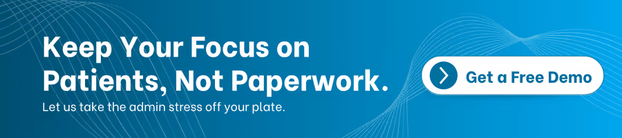 Blue banner with text: 'Keep Your Focus on Patients, Not Paperwork.' Button says 'Get a Free Demo'; promotes MedVirtual support for admin tasks.