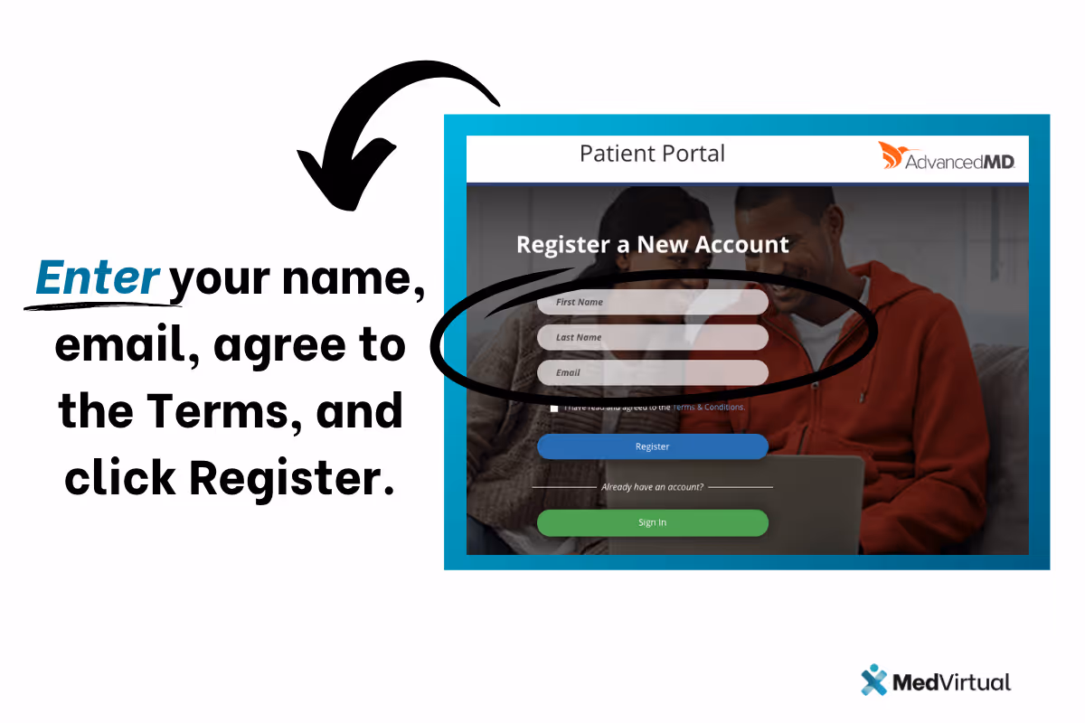 Enter your first and last name, email address, agree to the terms, and click Register to create your AdvancedMD Patient Portal account.