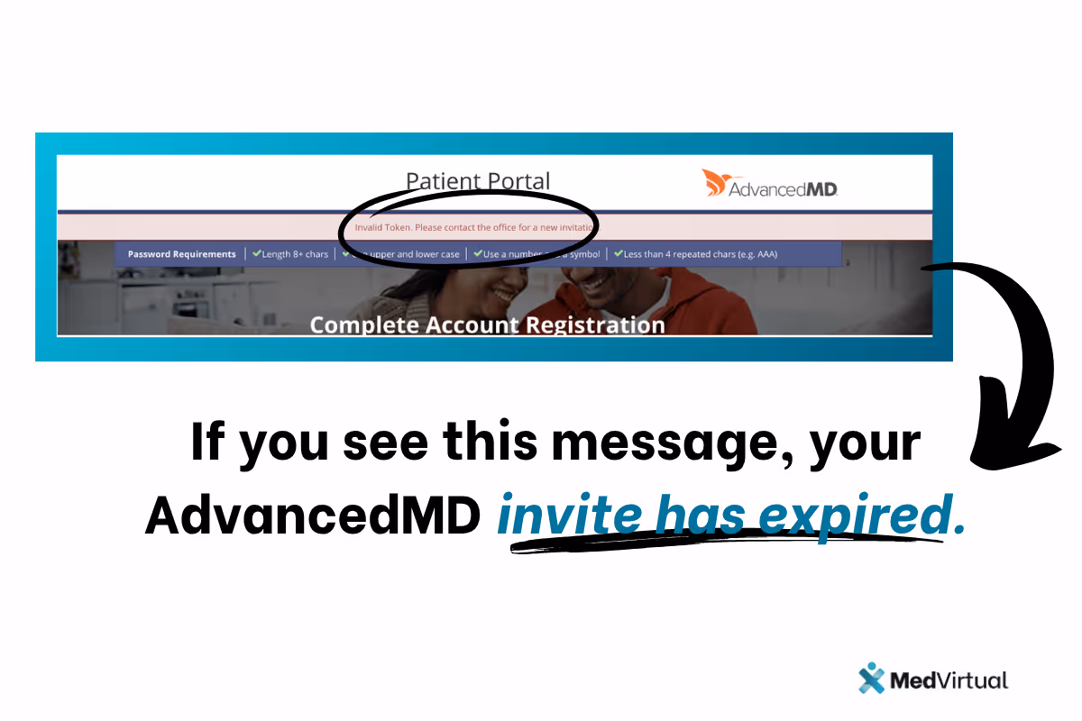 AdvancedMD Patient Portal error message: 'Invalid Token. Please contact the office for a new invitation.' Text below says: 'If you see this message, your AdvancedMD invite has expired.' MedVirtual logo at the bottom.