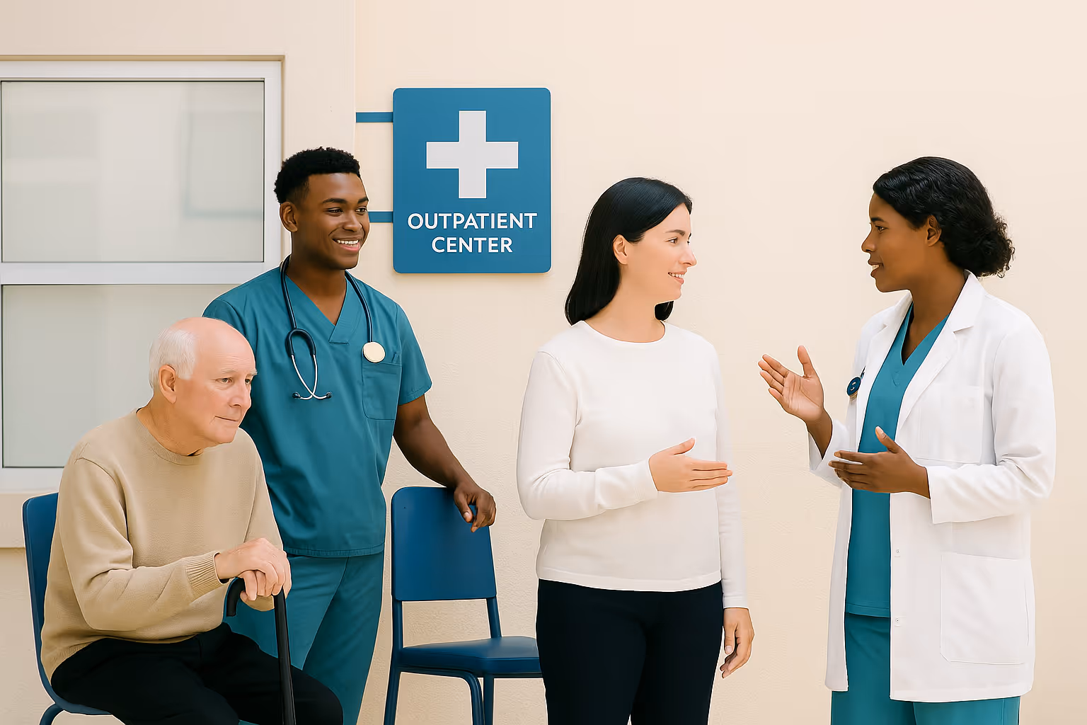 A group of four people at a medical outpatient center: a seated elderly man with a cane, a smiling male nurse in teal scrubs with a stethoscope, a woman in a white shirt engaged in conversation, and a female doctor in a white coat explaining something.