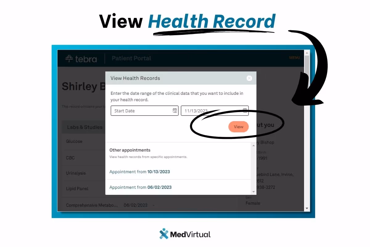 Patient selecting a date range and clicking "View" to access health records in the Tebra Patient Portal.