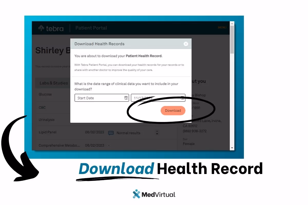 User selects a date range and clicks “Download” to save their patient health record from the Tebra Patient Portal.