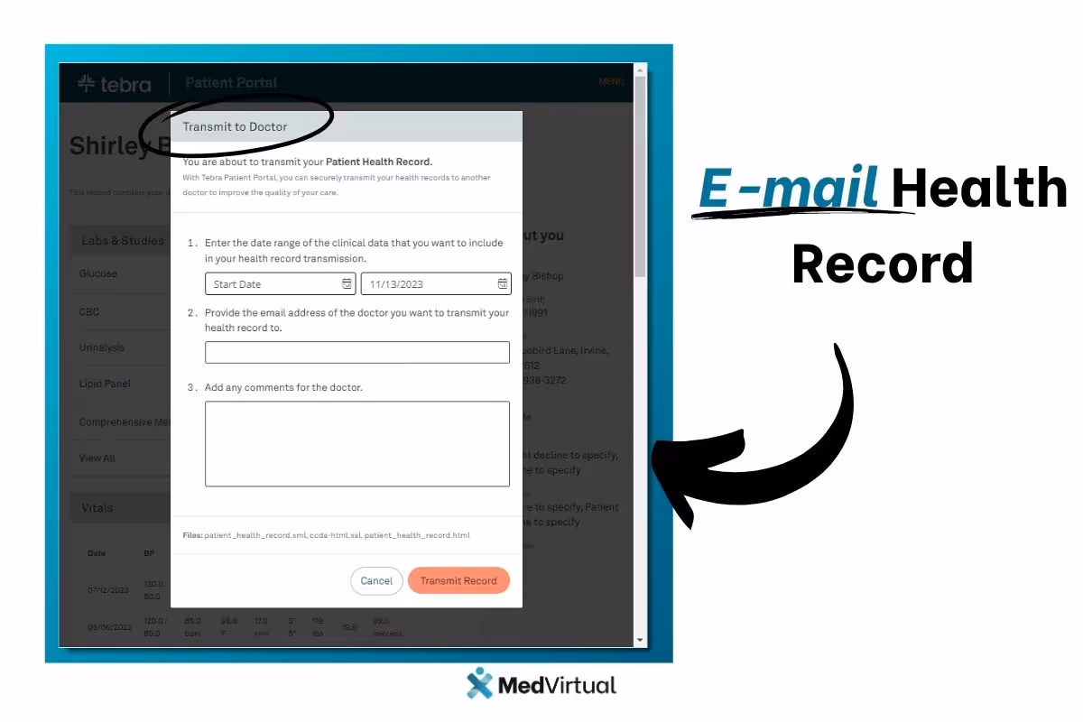 Form to email patient health record by entering date range, doctor's email, and optional comments in Tebra Patient Portal.