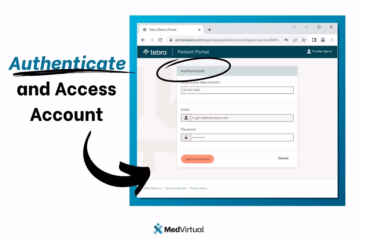Login screen prompting user to enter date of birth, email, and password to authenticate and access the Tebra Patient Portal account.