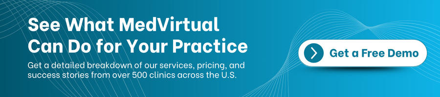 Banner promoting MedVirtual with call to action: 'Get a Free Demo' and text highlighting services, pricing, and success stories from over 500 clinics.