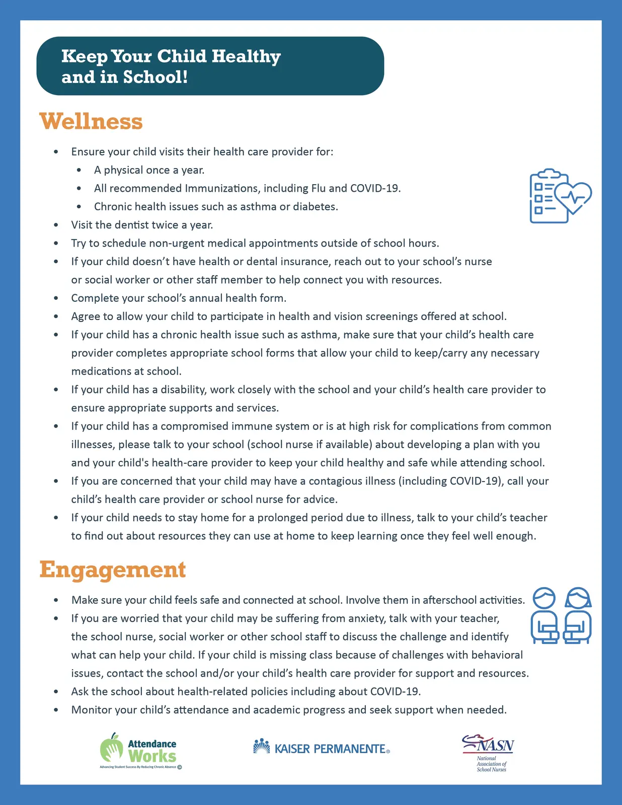 Keep Your Child Healthy and in School wellness and engagement tips flyer