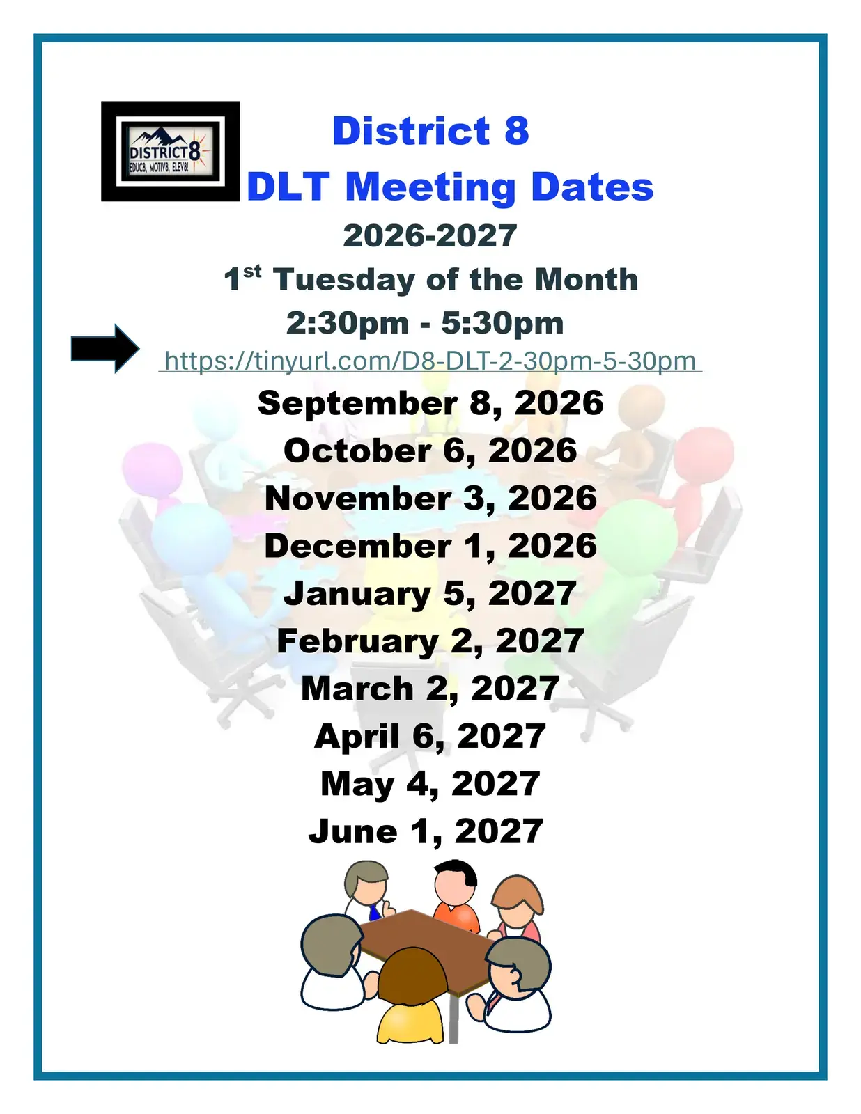 District 8 DLT meeting dates flyer for 2026 to 2027