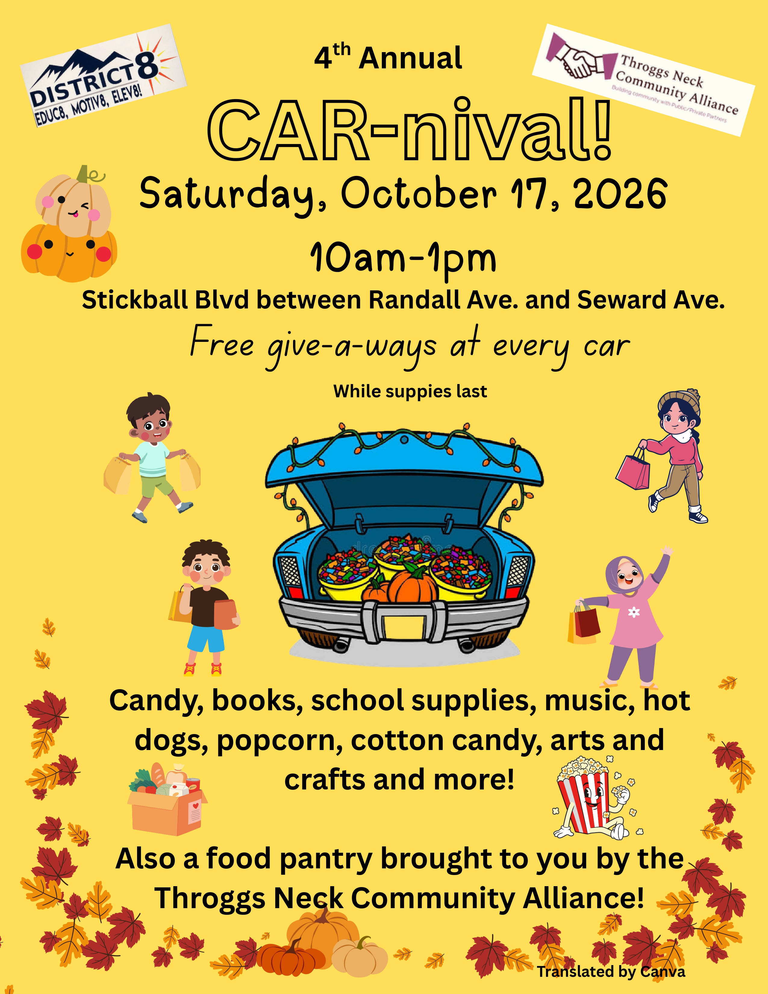 4th Annual District 8 CAR-nival - Saturday October 17, 2026, 10am-1pm, Stickball Blvd
