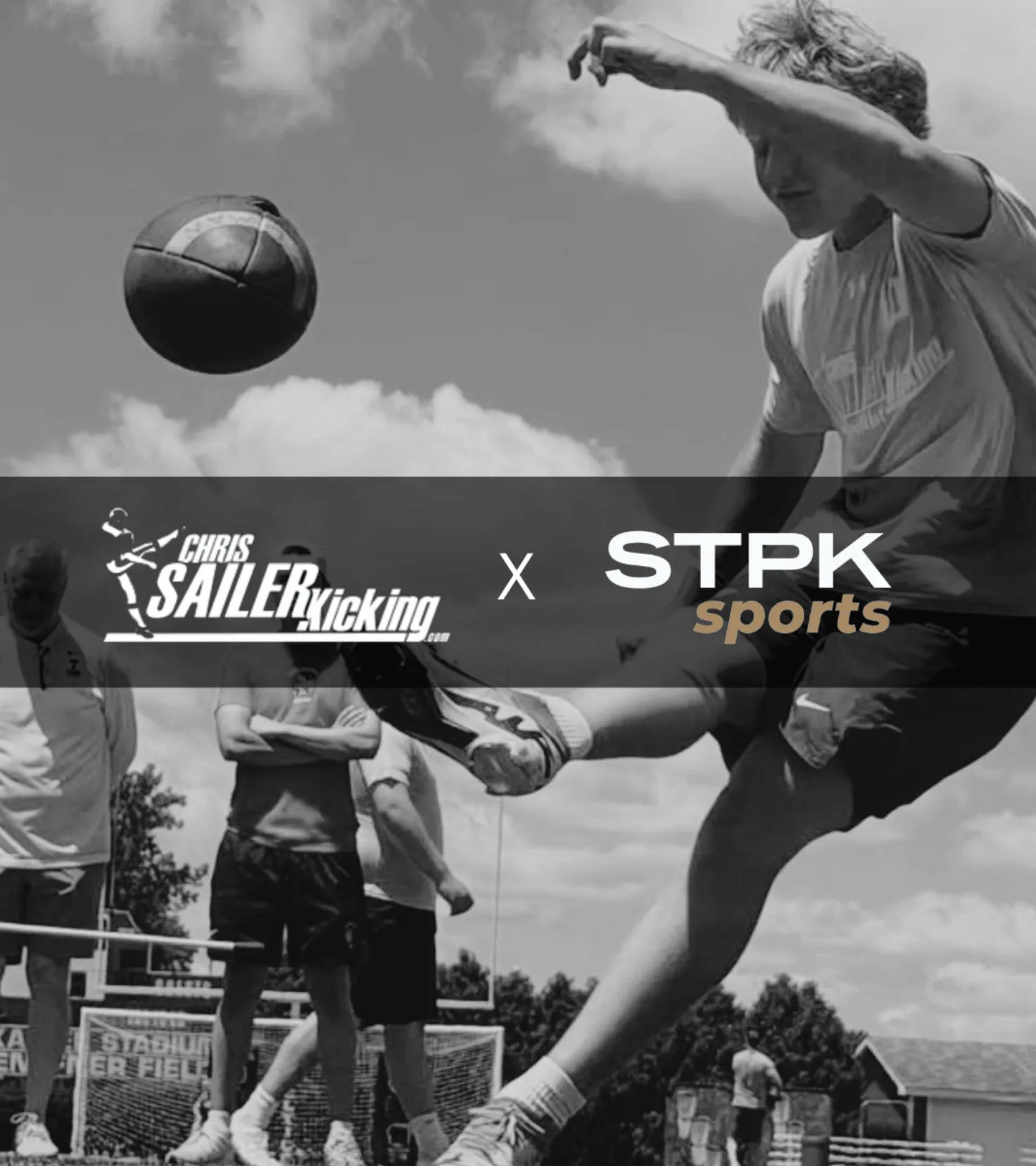 Chris Sailer Kicking x STPK Sports partnership graphic with a kicker mid-kick