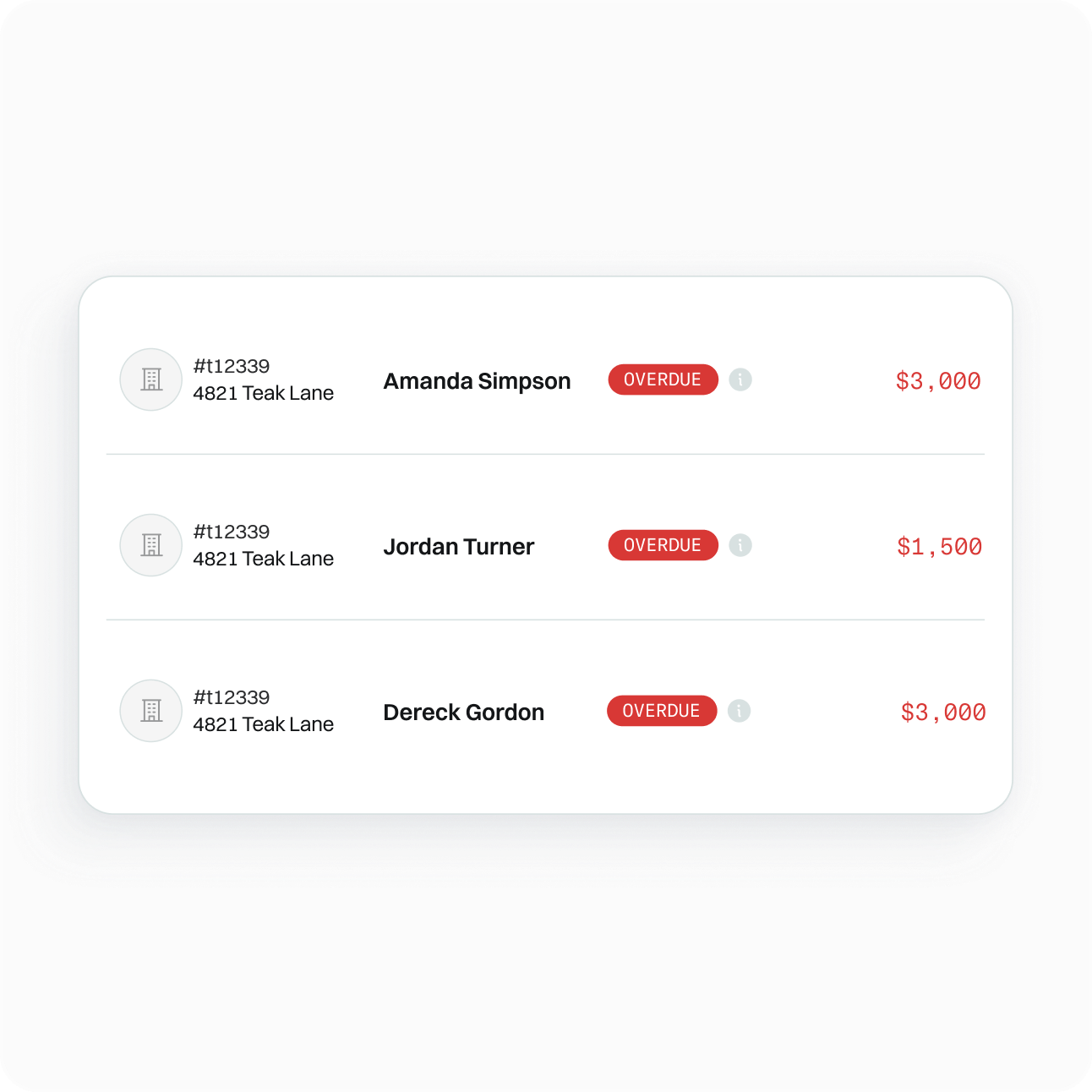 Whale Portal overdue deposits view, filterable by property, days overdue, and amount.
