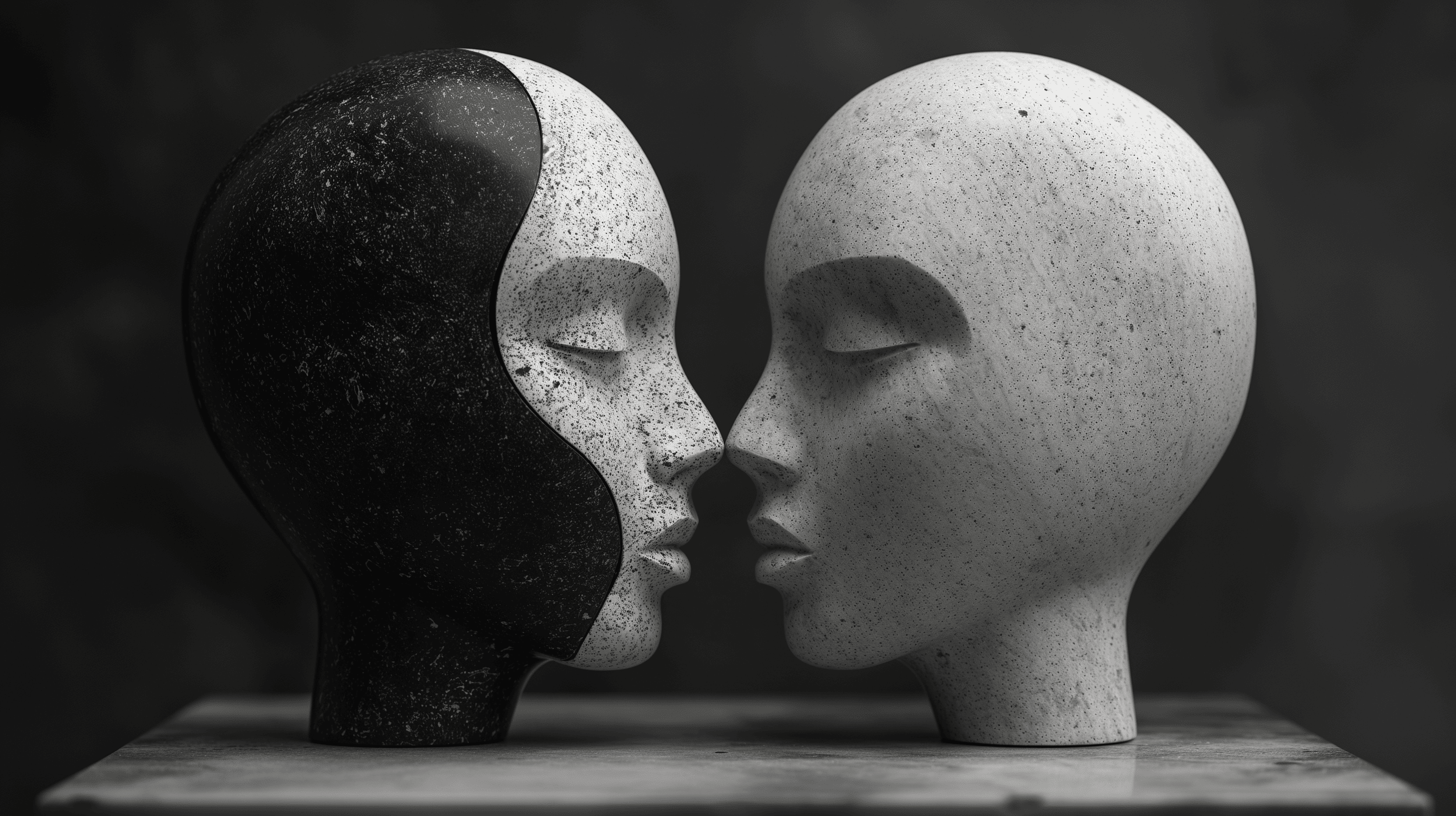 Two sculptural heads facing each other, one split black-and-white, evoking mind-brain duality